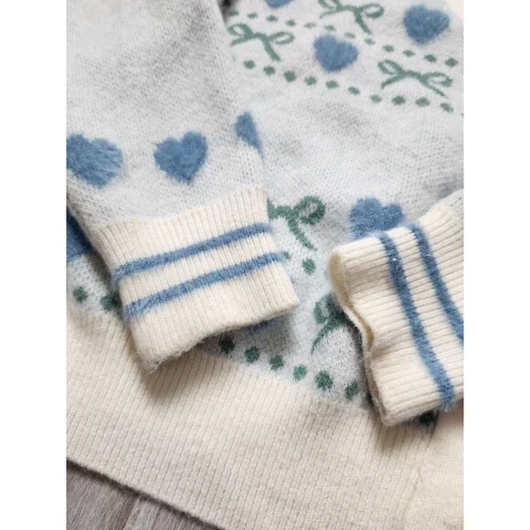 Girlish Heart Bow Cardigan Sweater Blue Cream Button Up Soft Knit Womens XL GUC - Picture 3 of 11